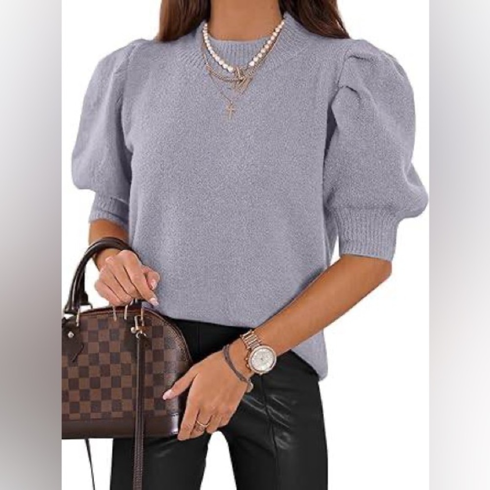 Athmile - Women's Puff Short Sleeve Sweater Tops - Gray